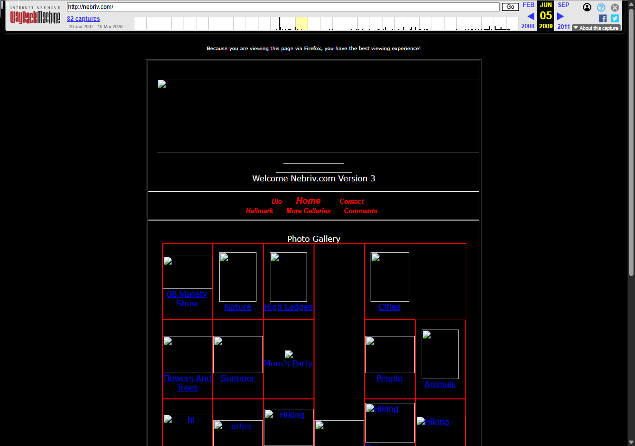 nebriv.com circa 2009, Version 3, black background with red-bordered photo gallery