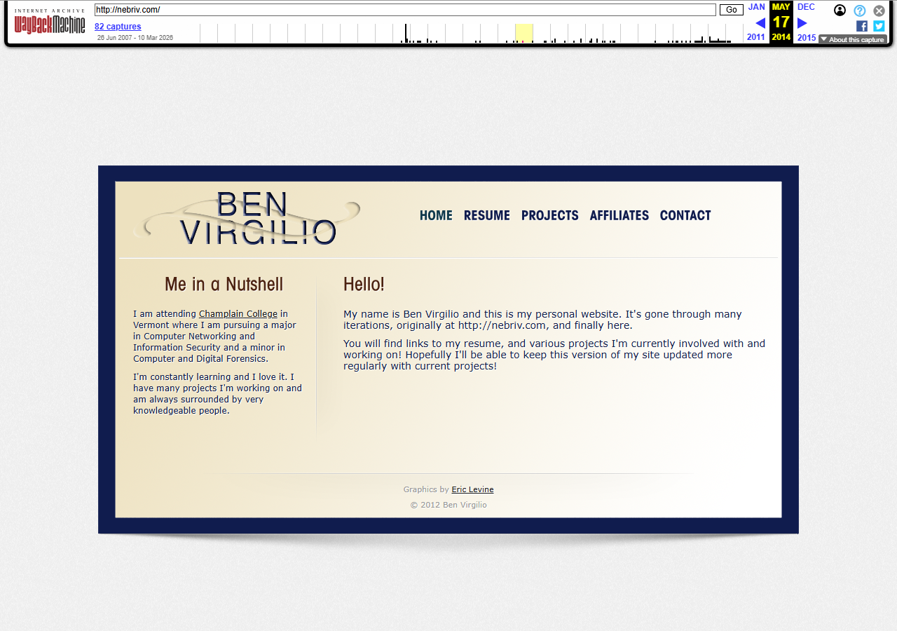nebriv.com circa 2014, BEN VIRGILIO navy blue portfolio site on DigitalOcean