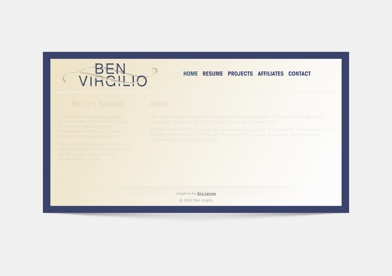 benvirgilio.com portfolio site with BEN VIRGILIO header, Home/Resume/Projects/Affiliates/Contact navigation