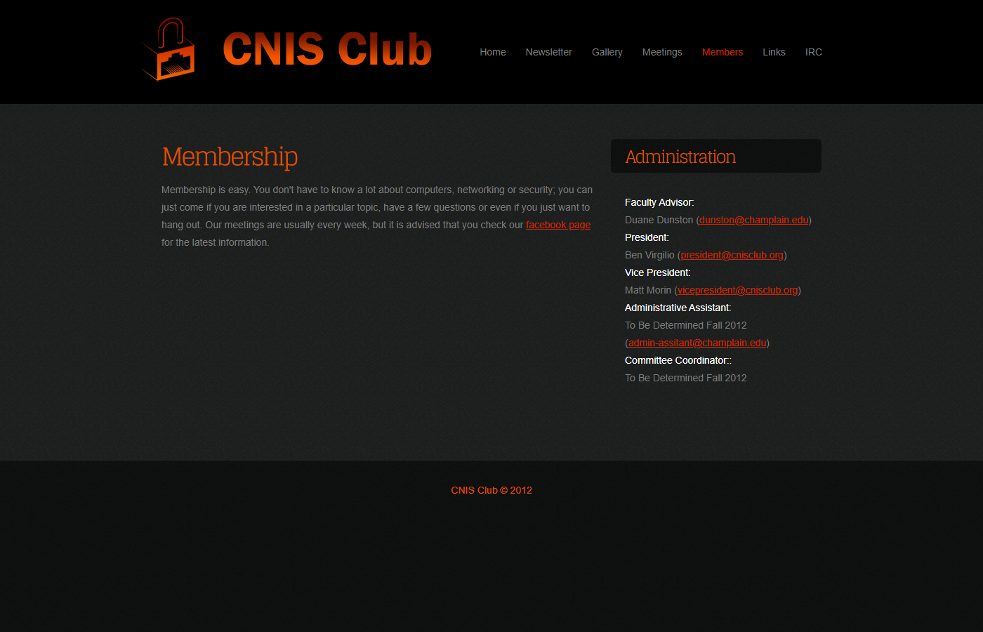 cnisclub.org, CNIS Club members page showing Ben Virgilio as President, dark theme with orange accents