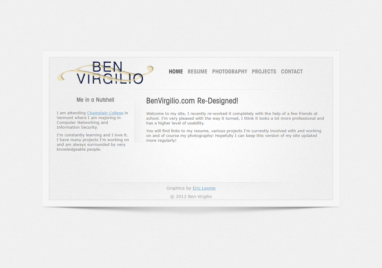 nebriv.com dev version, BEN VIRGILIO vCard-style portfolio with resume, photography, projects sections
