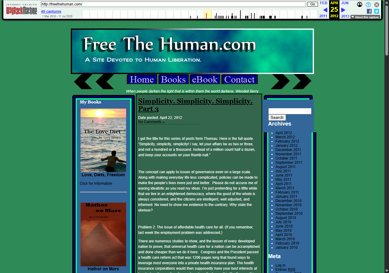 freethehuman.com circa 2011, A Site Devoted to Human Liberation, blue gradient WordPress blog
